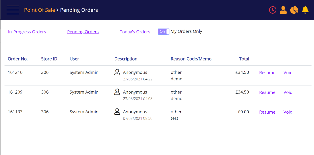 Pending Orders search results page