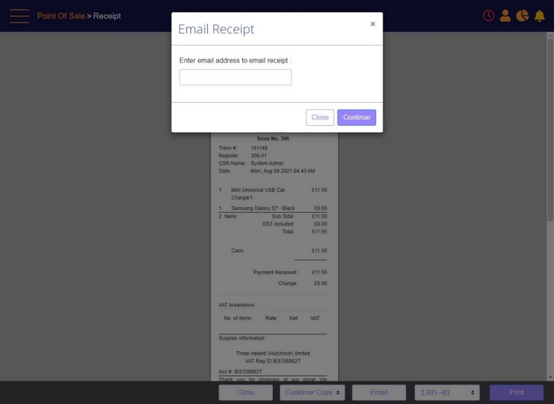 mPOS - Email Receipt popup