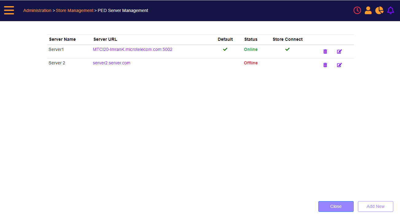 MT-POS PED Server Management screen