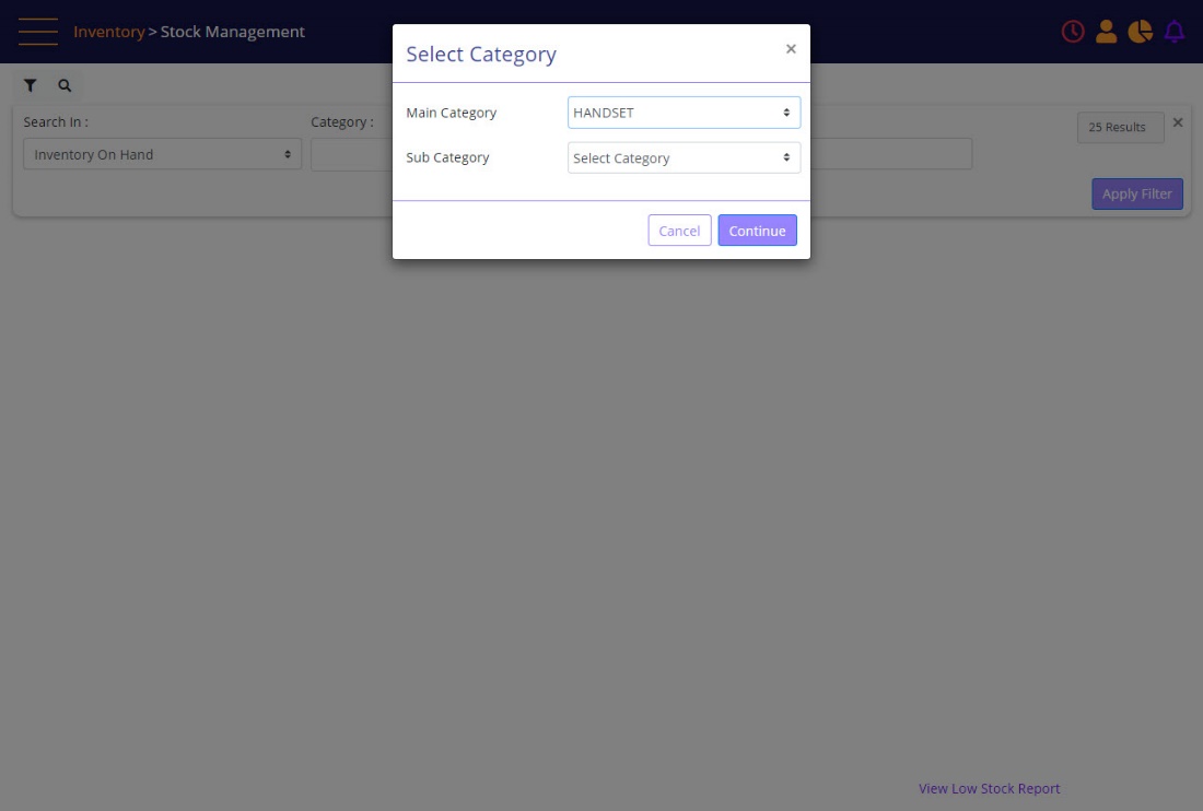 Stock Management filter – select category