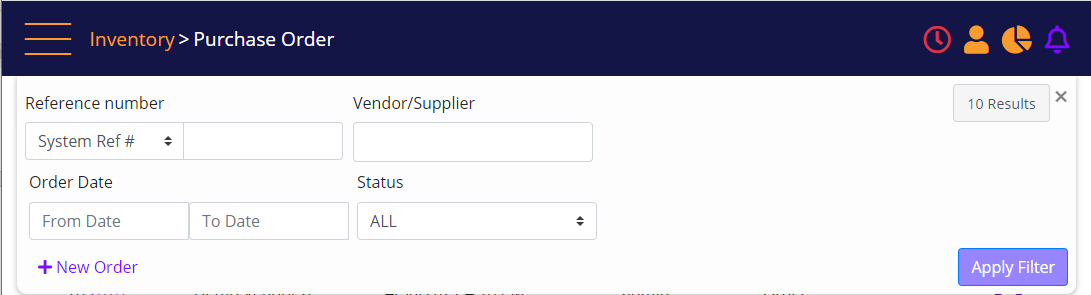 Purchase Order search filters