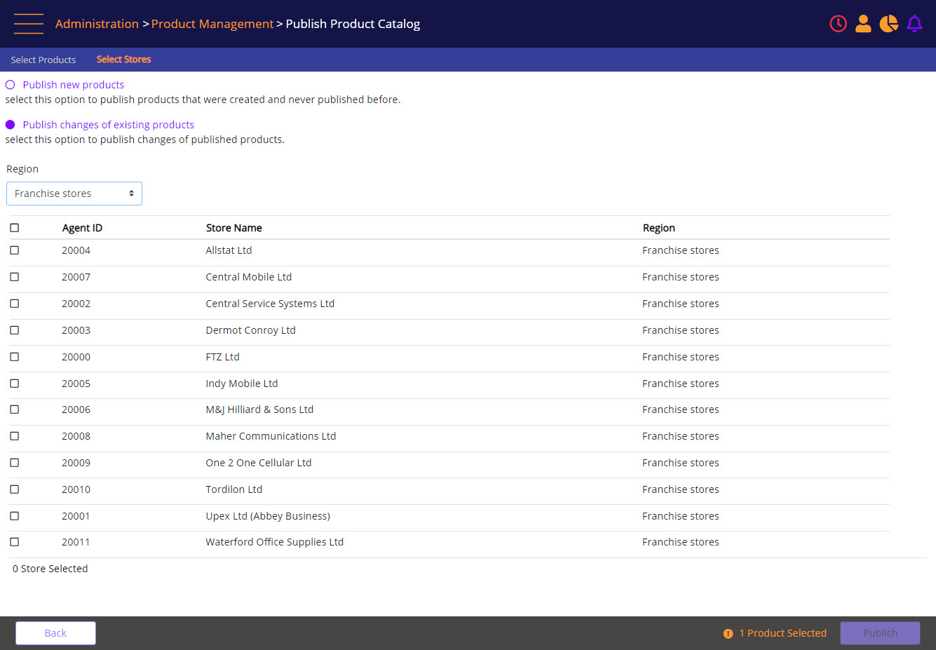 Publish Product Catalog – select stores
