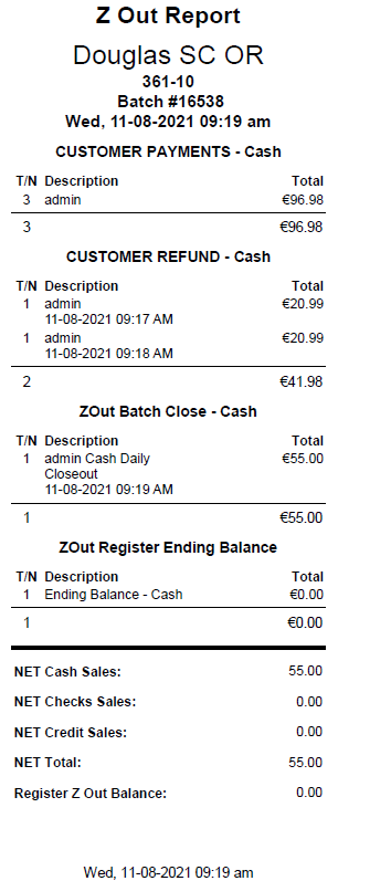 Z Out Receipt reflecting payments and refunds