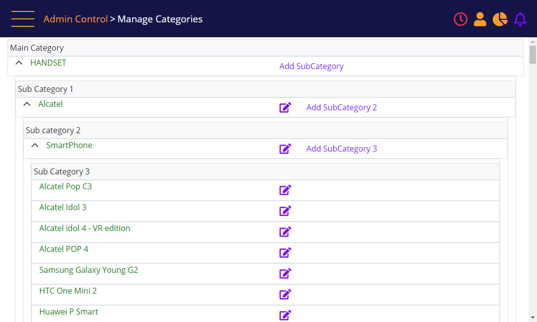 MT-POS Manage Categories screen