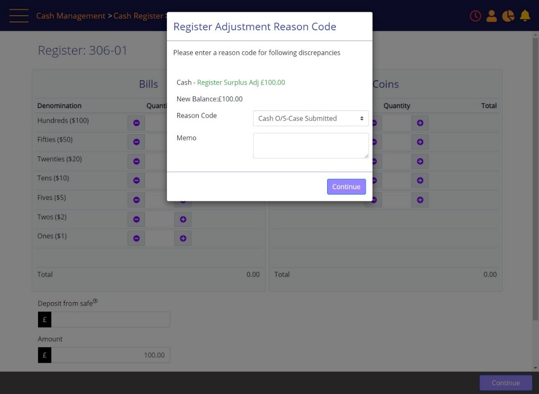 Register Adjustment Reason Code prompt