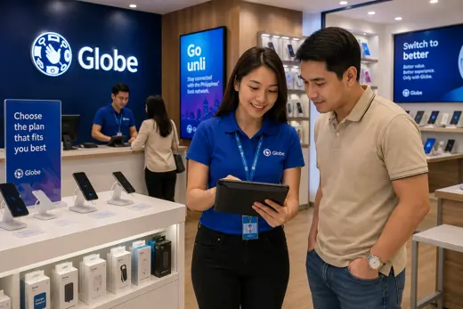 Globe Telecom retail associate using a tablet to support assisted selling with a customer in a modern telecom store