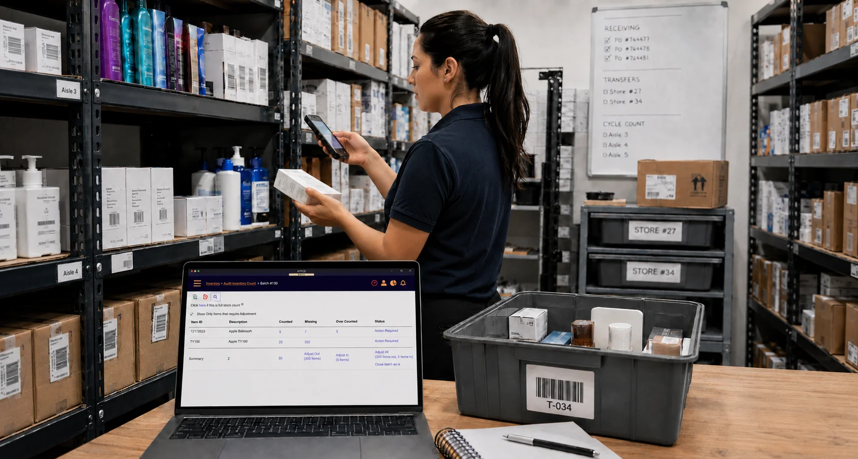 MTPOS inventory management dashboard with stock levels, purchase orders, transfers, and cycle counts