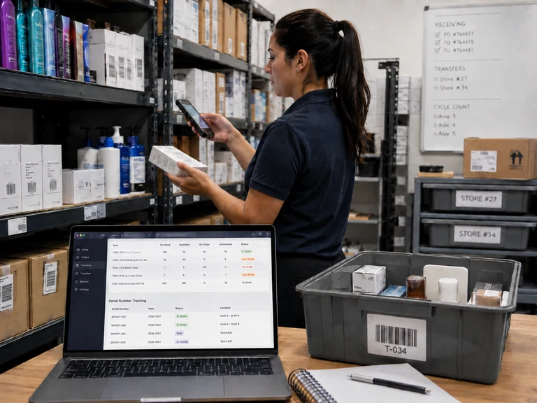 MTPOS inventory management dashboard with stock levels, purchase orders, transfers, and cycle counts
