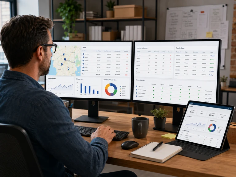 MTPOS multi-location dashboard showing stores, inventory, sales, and transfers