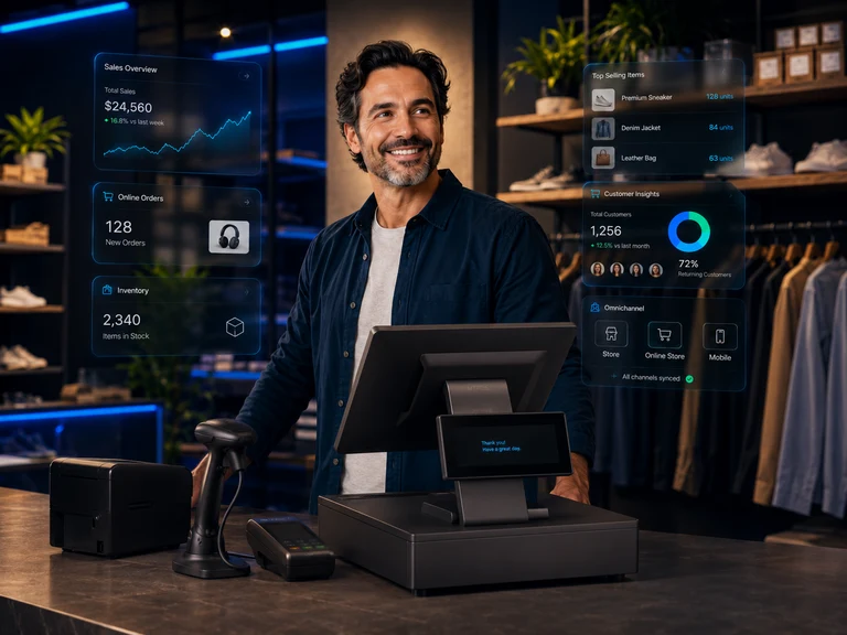 MTPOS point of sale software running on a retail register, tablet, and mobile phone