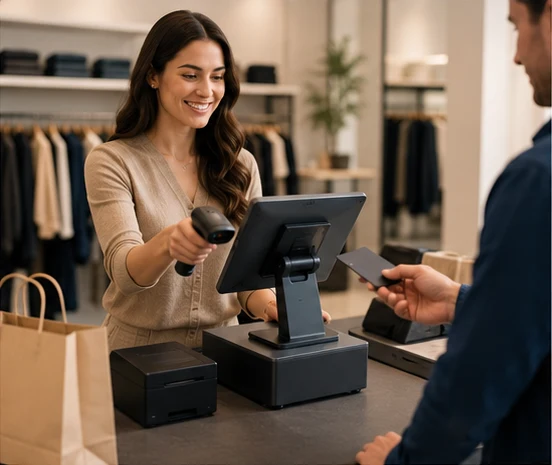 MTPOS retail checkout screen with products, customer information, and payment options