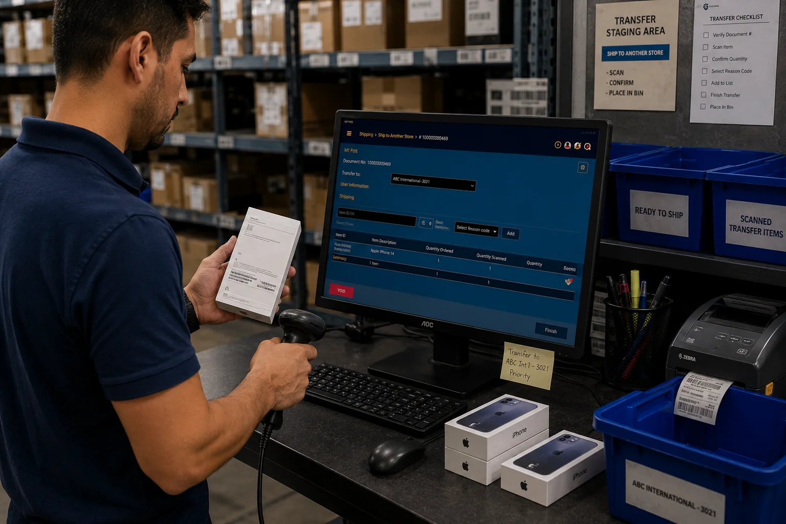 MTPOS inventory transfer workflow between stores and warehouses