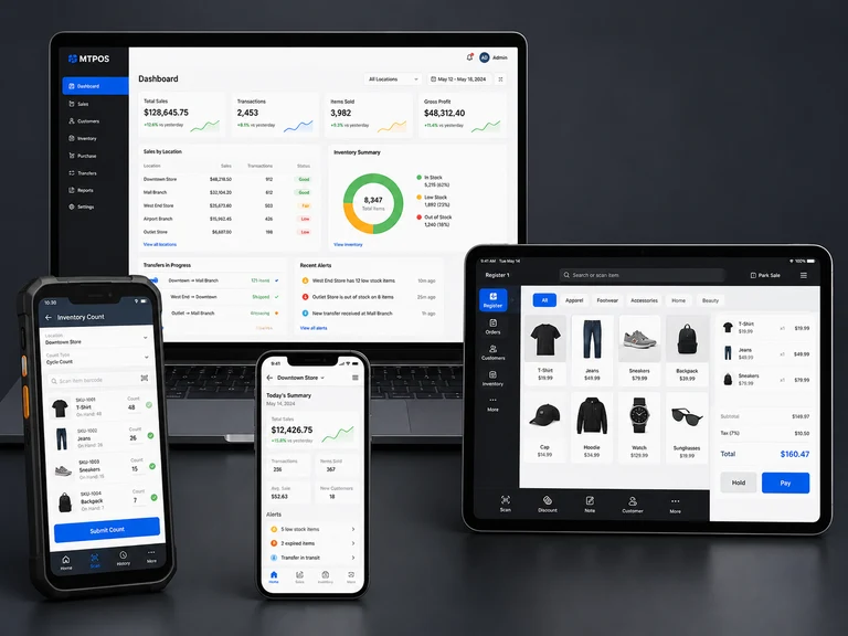 MTPOS running on Windows, Android, iPhone, and iPad devices